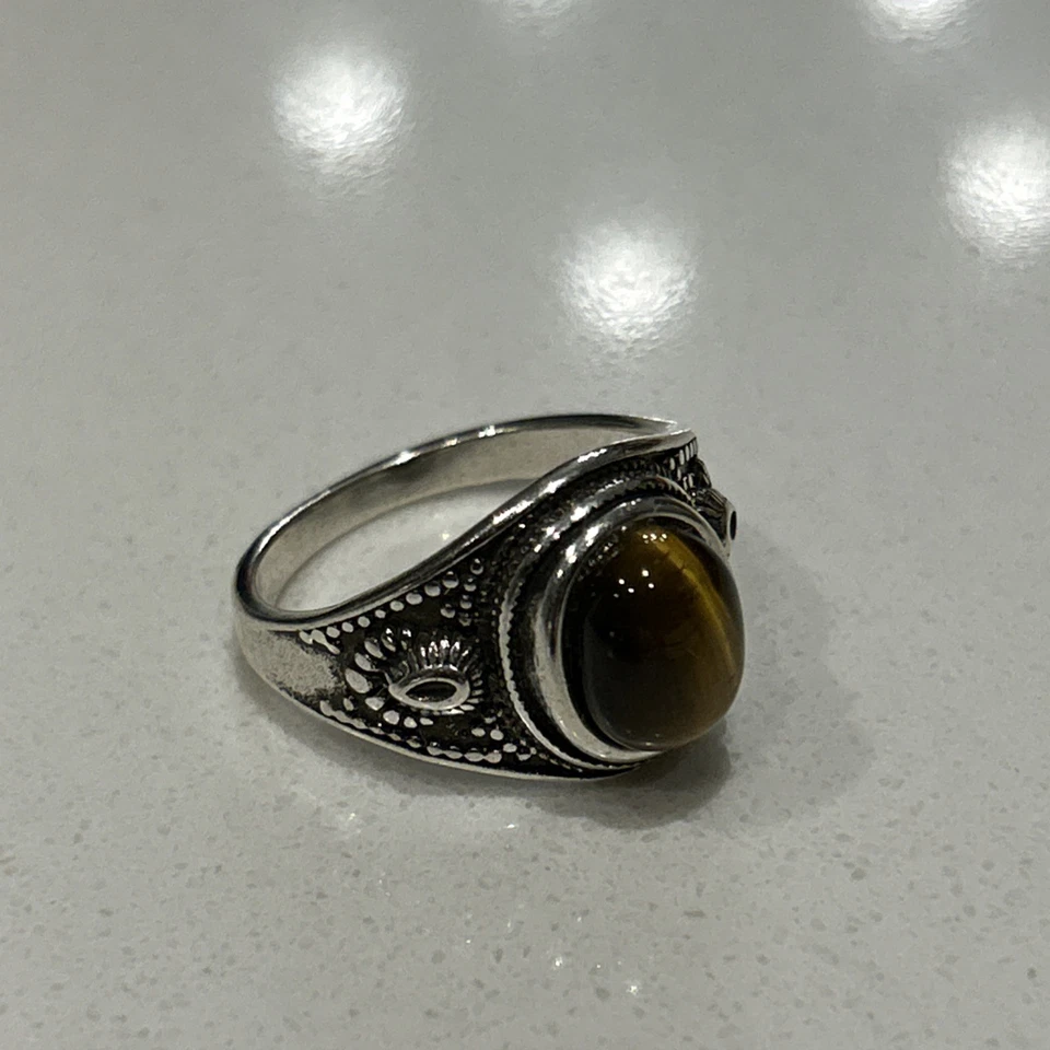 Anillo para mujer de plata de ley 925 con ojo de tigre natural piedra ovalada talla 9” Foto 1 de 4