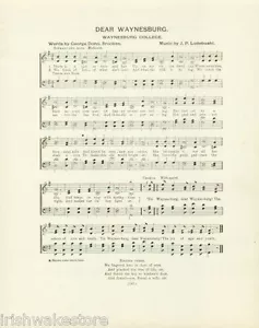 Hoja de canciones antiguas de Waynesburg College c1906 ""Querido Waynesburg"" - original - Imagen 1 de 1