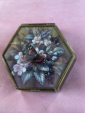 Vtg Enesco Hex Butterfly Purple Gold Tone Trim Mirror  glass trinket jewelry box