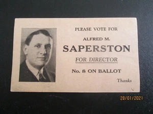 VINTAGE USA ELECTION CARD ; DIRECTOR OF BUFFALO NY- ALFRED M.SAPERTSON c.1931 - Imagen 1 de 3