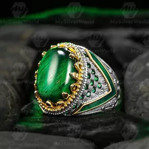 925 Sterling Silver Green Tiger's Eye Stone Enameled Turkish Men's Ring - Picture 1 of 4