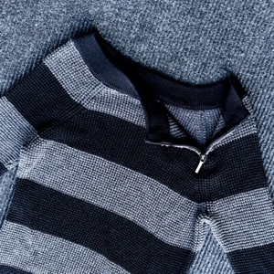 Chaps Asymmetrical 1/4 Zip Pullover Striped Cotton Sweater Waffle-Knit Med Bold - Picture 1 of 7