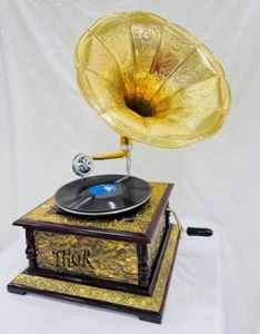 Replica Gramophone Embossed Player 78 rpm phonograph Brass Horn Vintage Wind Up - Picture 1 of 15