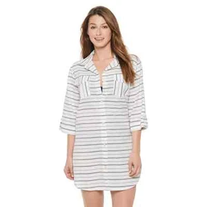 Dotti $54 Navy Striped Cotton Shirtdress Swim Cover-Up Size Medium NWT - Picture 1 of 3