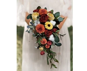 Fall Cascade Wood Bridal Bouquet Orange Burgundy Sunflower BOHO Wedding Flowers - Picture 1 of 8