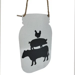 Galvanized Metal Sign Funny Stacked Farm Animals Mason Jar Farmhouse Rustic Deco - Picture 1 of 10