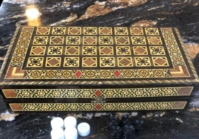 Handmade Backgammon Board Set Antique Chess Table Wood Pieces Dice Game - Image 1 of 4