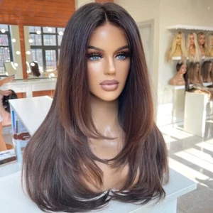 Ombre Chocolate Brown Highlight 13x6 Lace Front Wig Human Hair Layered Glueless - Picture 1 of 11