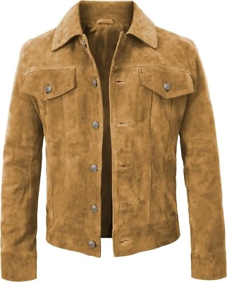 Mens Brown Trucker Western Cowboy Classic Vintage Biker  Suede Leather Jacket - Image 1 of 4