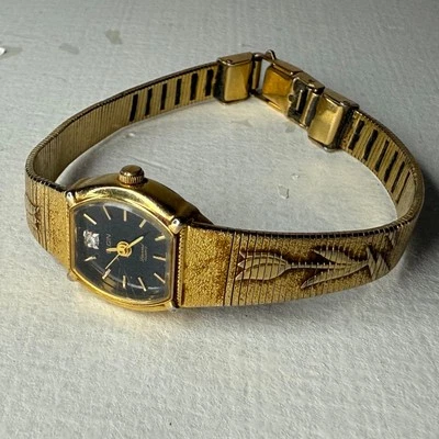 Reloj Pulsera Mujer Vintage Elgin Diamante Cuarzo Bisel Tono Dorado Floral Tulipán Femenino Foto 1 de 4