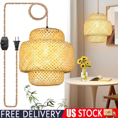 Candelabro de vime rústico com pingente de lanterna de bambu EUA - Imagem 1 de 4