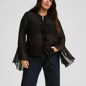 Torrid L neu mit Etikett Chiffon durchsichtig Rüschen vorne Shirt 2X schwarz - Bild 1 von 9