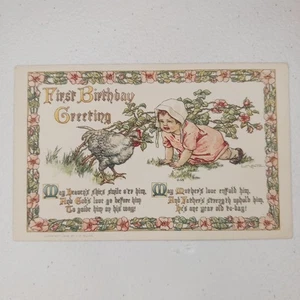 First Birthday Greeting Postcard Unposted Written On Back Children Chicken - Picture 1 of 6