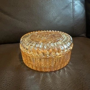 Vintage Marigold Iridescent Carnival Glass Powder Dish w/ Rose Design Lid 5-3/8" - Picture 1 of 16