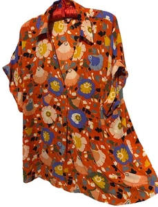 Cabi Top L kräftig orange mod Blumenmuster seidige Bluse Popover Shirt Größe Large - Bild 1 von 6