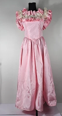 VTG 80 Handmade  Pink Taffeta Ruffle Lace Barbie Princess Bridesmaid Prom Dress  - Image 1 of 4