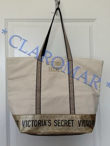 Victoria’s Secret Canvas Shimmer GOLD Logo Weekender Tote Travel Bag NEW - Picture 1 of 4