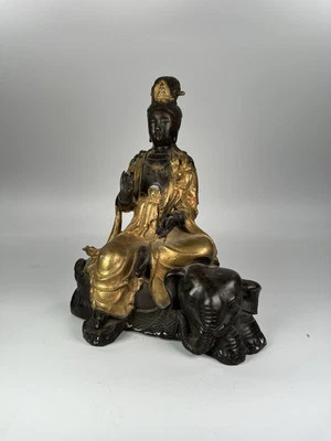 Antique Chinese Parcel Gilt Bronze Figure Guanyin Seated Buddhistic Elephant 20C - Image 1 of 4