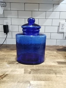 Vintage Kobaltblau Kunstglas Apothekerglas mit Deckel, mundgeblasene Glasdose - Bild 1 von 8
