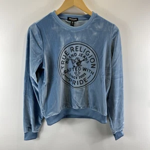 True Religion Velour Crystal Sweatshirt Women’s Small Blue Bedazzled Soft - Picture 1 of 9