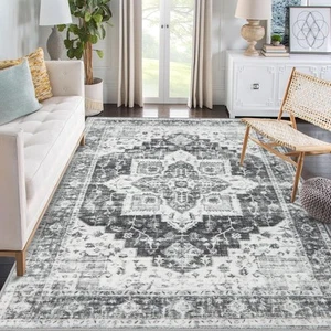 Washable Rug 5x7 Vintage Area Non Slip Low Pile 5'x7', Grey - Picture 1 of 7