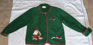 Mandal Bay Green Fleece Button Up Sweater Large Cardinals Birds Winter Christmas - Picture 1 of 8