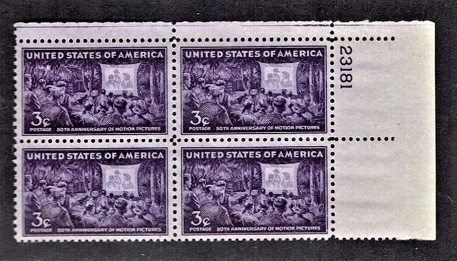 1944 U.S. 3c Purple MOVIES Plt#Blk of 4 Sc#926 M/NH/OG Pristine ^ - Image 1 of 1