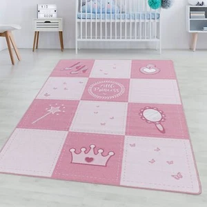 Kurzflor Teppich Kinderteppich Kinderzimmer Prinzessin Krone Zauberstab Pink - Bild 1 von 5