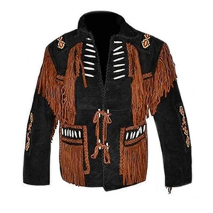 Men's Western Suede Leather Jacket Cowboy Fringe Bon Beaded Native American Coat - Picture 1 of 3