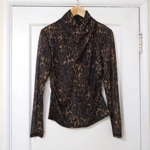 NWT AllSaints Tia Anita Mesh High Neck Brown Animal Print Long Sleeve Top 10 - Picture 1 of 9