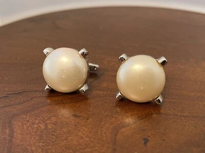 Gemelos Cabujón Blanco Grande Hickok Vintage Tono Plata Foto 1 de 2