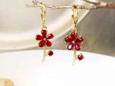 3.00CT Simulated Red Ruby Drop/Dangle Flower Earrings 14K Yellow Gold Finish - Image 1 of 4