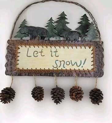 Rustic Pine Trees BEARS Let It Snow PINECONE Lodge Cabin Metal Primitive Metal  - Image 1 of 4
