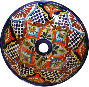 Fregadero de recipiente de baño hecho a mano de cerámica mexicana Talavera azalea de 16 - Imagen 1 de 1