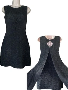 Mod 60s Little Black Mini Dress Sz M, Bow, Peek A Boo Back + Train, Vtg USA - Picture 1 of 7