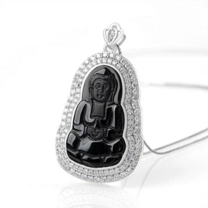 Natural Grade A Jade Jadeite Guanyin Translucent Green Jade S925 Silver Pendant - Picture 1 of 7