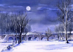 Luna llena, nieve, puente, tren, Reading Railroad Sellersville PA. Impresiones mate - Imagen 1 de 2