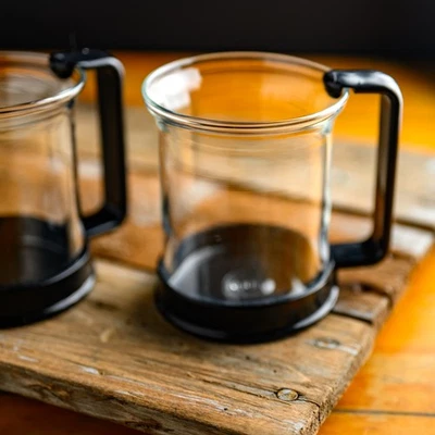 2 1990s Vintage Bodum Bistro Mugs Switzerland Glass Beaker Clip On Handle / Base - Image 1 of 4