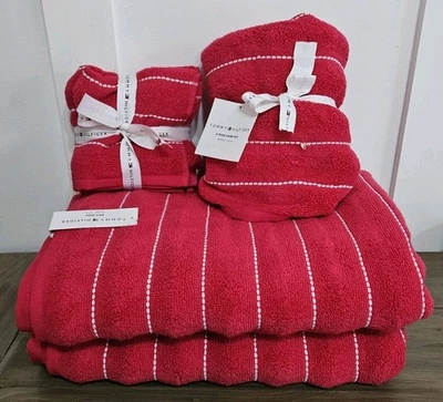 NWT! Tommy Hilfiger Park Stripe Pink Cotton 8 PC SET Bath Hand Wash Towels - Image 1 of 4