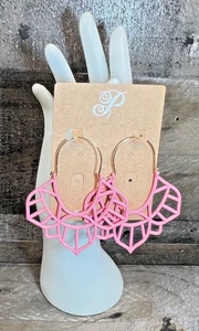 Plunder Design "Satin" Earrings! Pink design on gold hoop 3.25 Inches NEW in Box - Picture 1 of 5