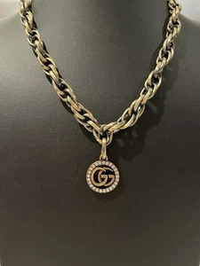 Antique Bronze And Rhinestone Zipper Pull Charm Chunky Antique Bronze Necklace - Picture 1 of 5