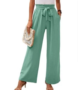 Women's Solid Summer Breathable Straight Leg Casual Pants Strap Trousers Formal - Picture 1 of 15