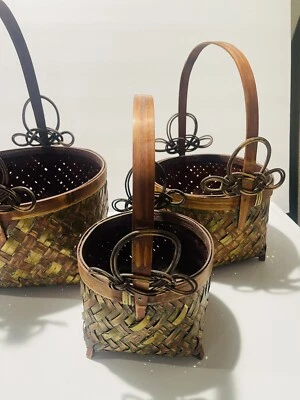 Japanese Bamboo Wood Nesting baskets 3 Tall Woven Brass Bamboo Vintage Cabin - Image 1 of 4