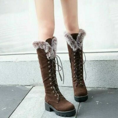 Womens Winter Faux Fur Lined Knee High Casual Snow Boots Warm Lace Up Low Heels - Image 1 of 4