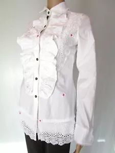 Italian Deisgner Womens Vtg 90s White Ruffle Victorian Boho Long Shirt sz M AO12 - Picture 1 of 11