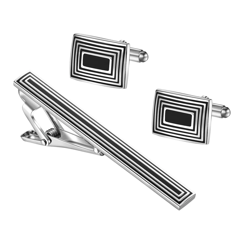 Tie Clasp Cuff Links Set Men Business Wedding Tuxedo Necktie Clips Bar Cufflinks - Image 1 of 4