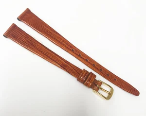 Banda de reloj Time Fashions genuino Teju cuero lagarto tono marrón hebilla dorada 11 mm - Imagen 1 de 5
