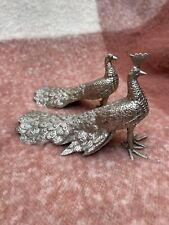Vintage Pair Of Silver Plated Birds Figurines, Peacock & Peahen Mantel Ornaments