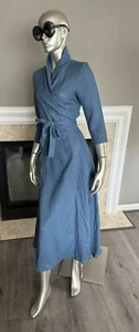 NWT Linen Handmade Studio MARLENA Wrap BELTED 3/4 Sleeve DRESS ๐ 2 Solid BLUE - Picture 1 of 7