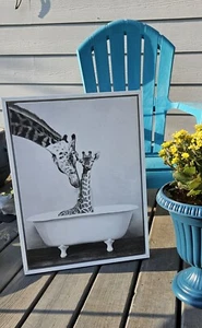 Mother Giraffe with Baby Giraffe in Bathtub Framed Canvas Whimsical Animal Art  - Picture 1 of 4